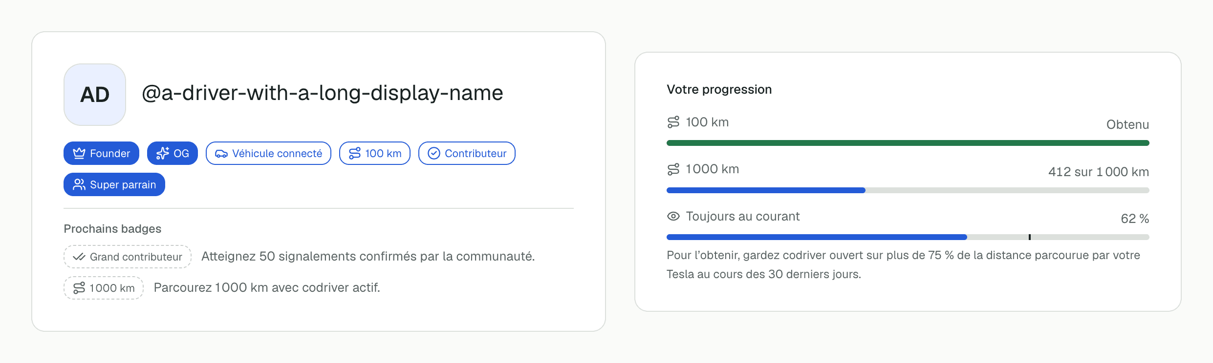Une carte de membre avec les badges Founder, OG, Véhicule connecté, 100 km, Contributeur et Super parrain au-dessus de Prochains badges, à côté de Votre progression : 100 km obtenu, 1000 km à 412 sur 1000 km et Toujours au courant à 62 % avec un repère à 75 %