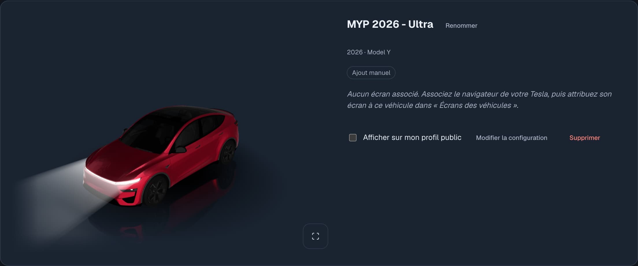 La carte Garage en français : un Model Y Juniper rouge en 3D, faisceaux des phares allumés, nommé MYP 2026 - Ultra, avec Renommer, Ajout manuel, Afficher sur mon profil public, Modifier la configuration et Supprimer