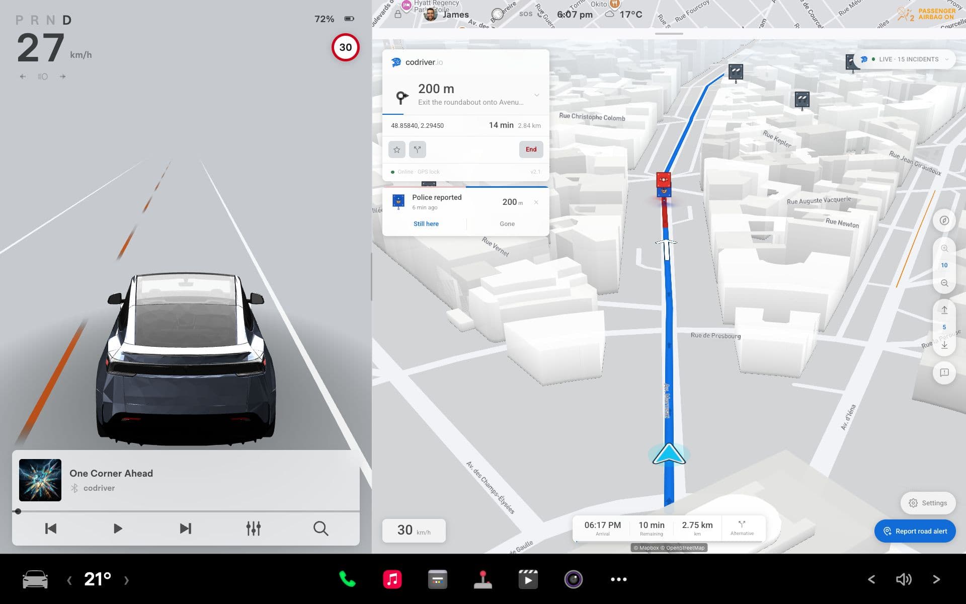 Full Tesla simulator screen with the 3D car, driving cluster and codriver’s live route in the browser pane