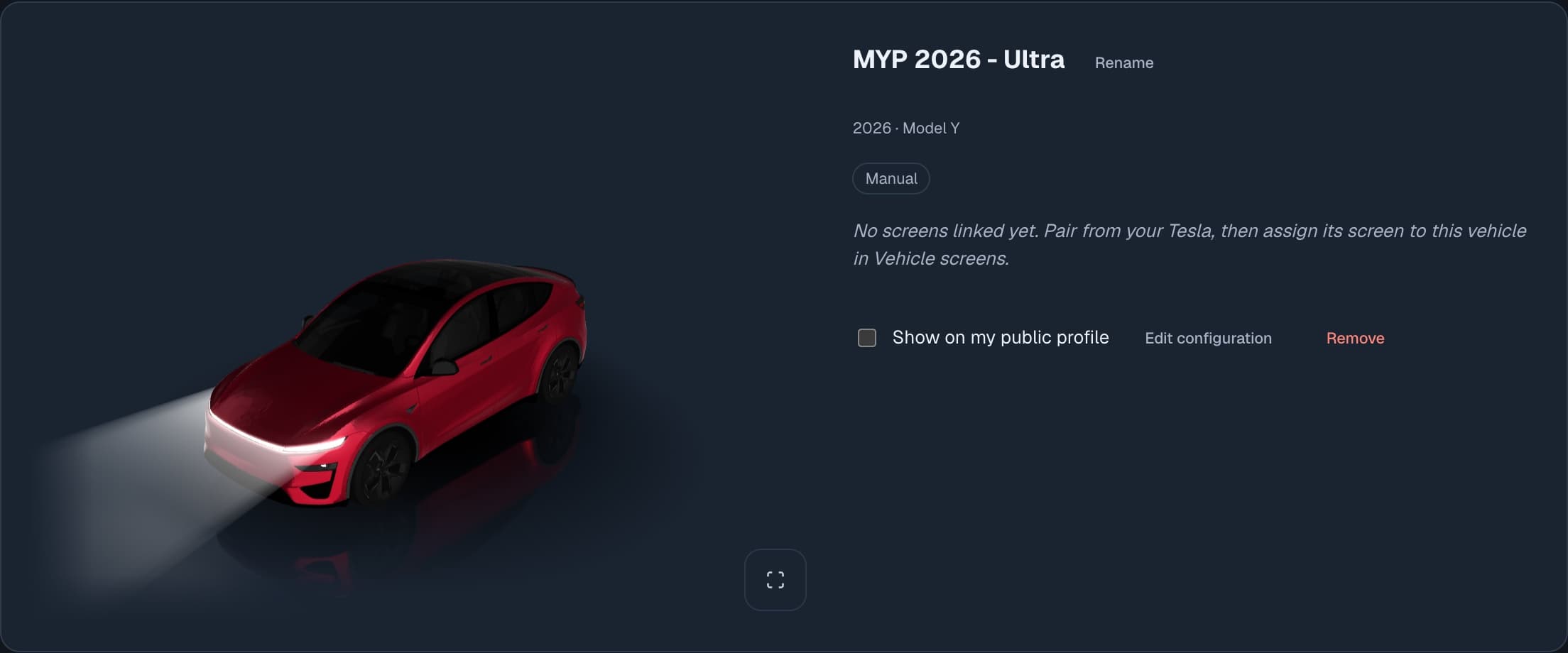 A dark Garage card showing a red Model Y Juniper in 3D with its headlight beams on, named MYP 2026 - Ultra, 2026 · Model Y, with Rename, Show on my public profile, Edit configuration and Remove