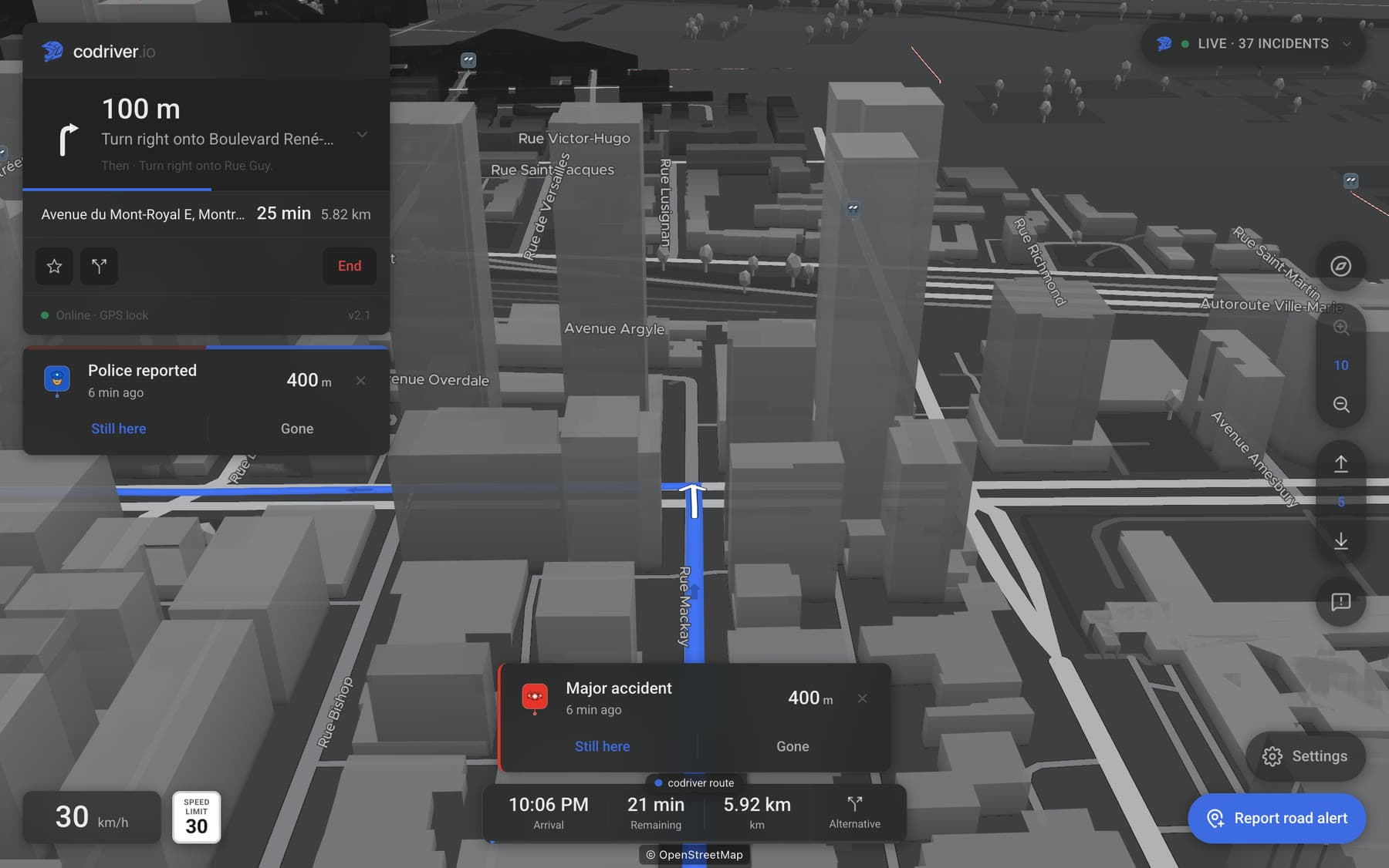 The codriver app filling a Tesla screen at night: the 3D city, the route ahead, the next manoeuvre and a reported road event.