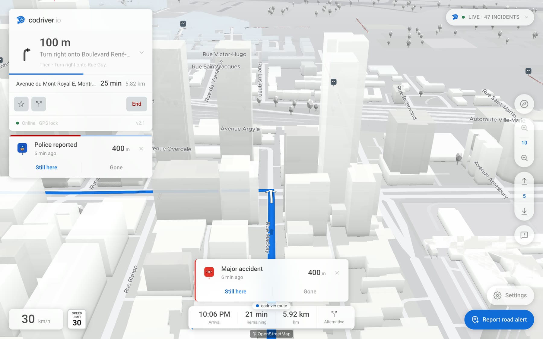 The codriver app filling a Tesla screen at night: the 3D city, the route ahead, the next manoeuvre and a reported road event.