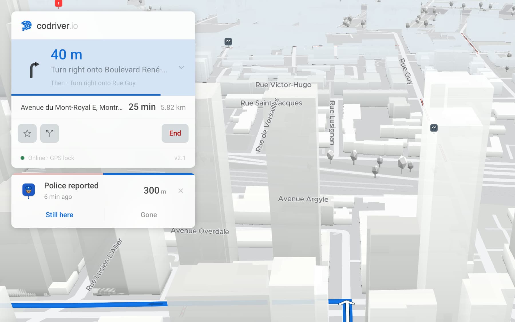 The codriver navigation card on a Tesla screen: the next manoeuvre, its distance counting down, and the one that follows underneath, above the route and the trip strip.