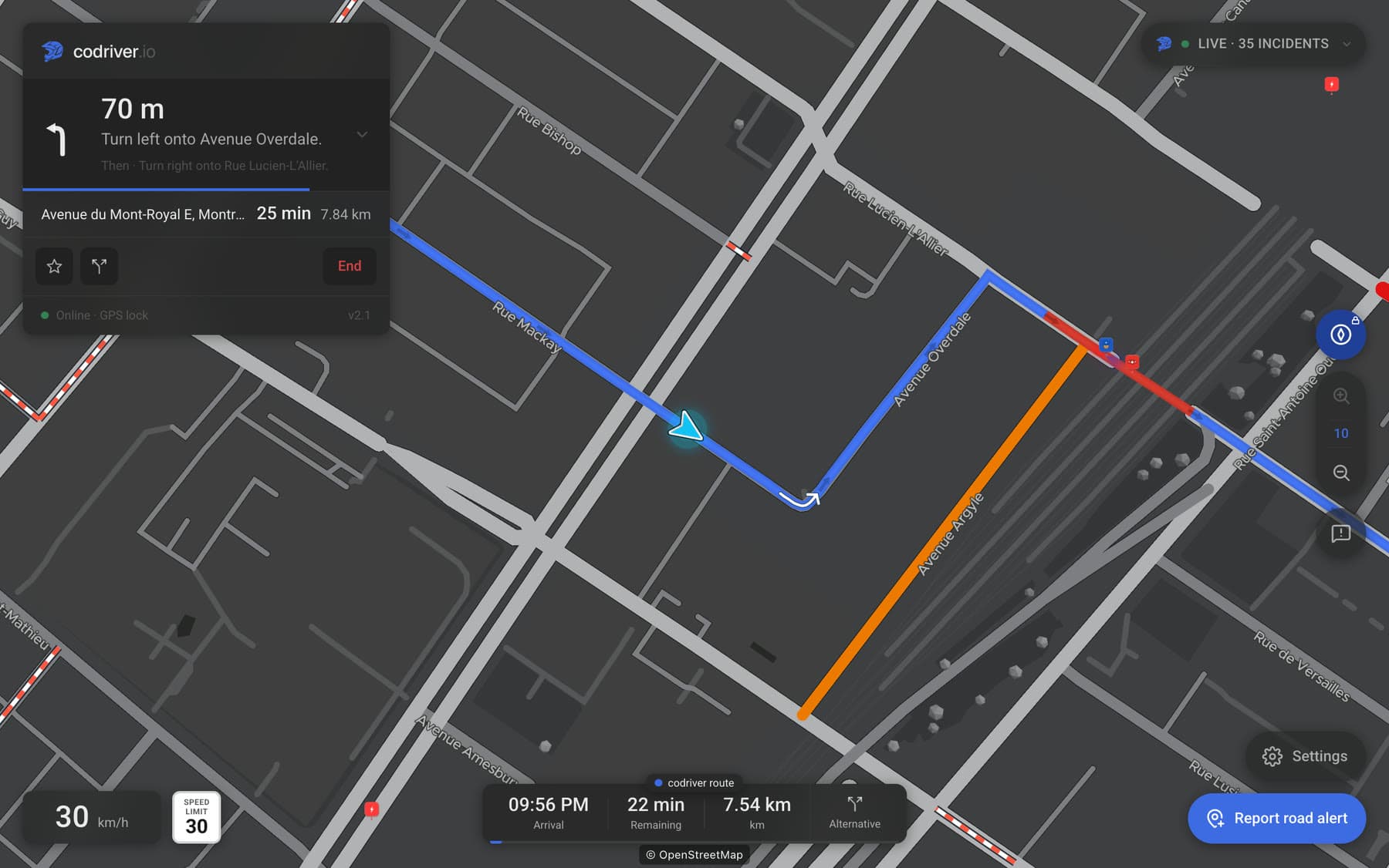 The codriver map in Compass view on a Tesla screen, mid-route, with the car on its line and the road labels along the streets they name.