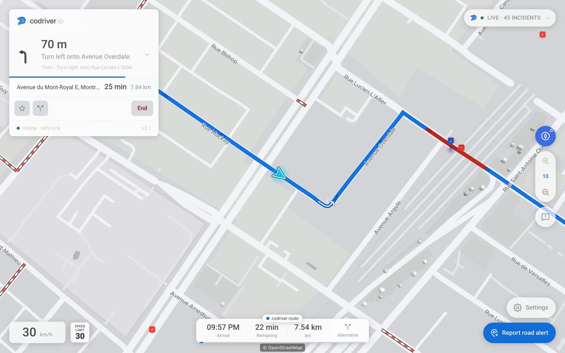 The codriver map in Compass view on a Tesla screen, mid-route, with the car on its line and the road labels along the streets they name.