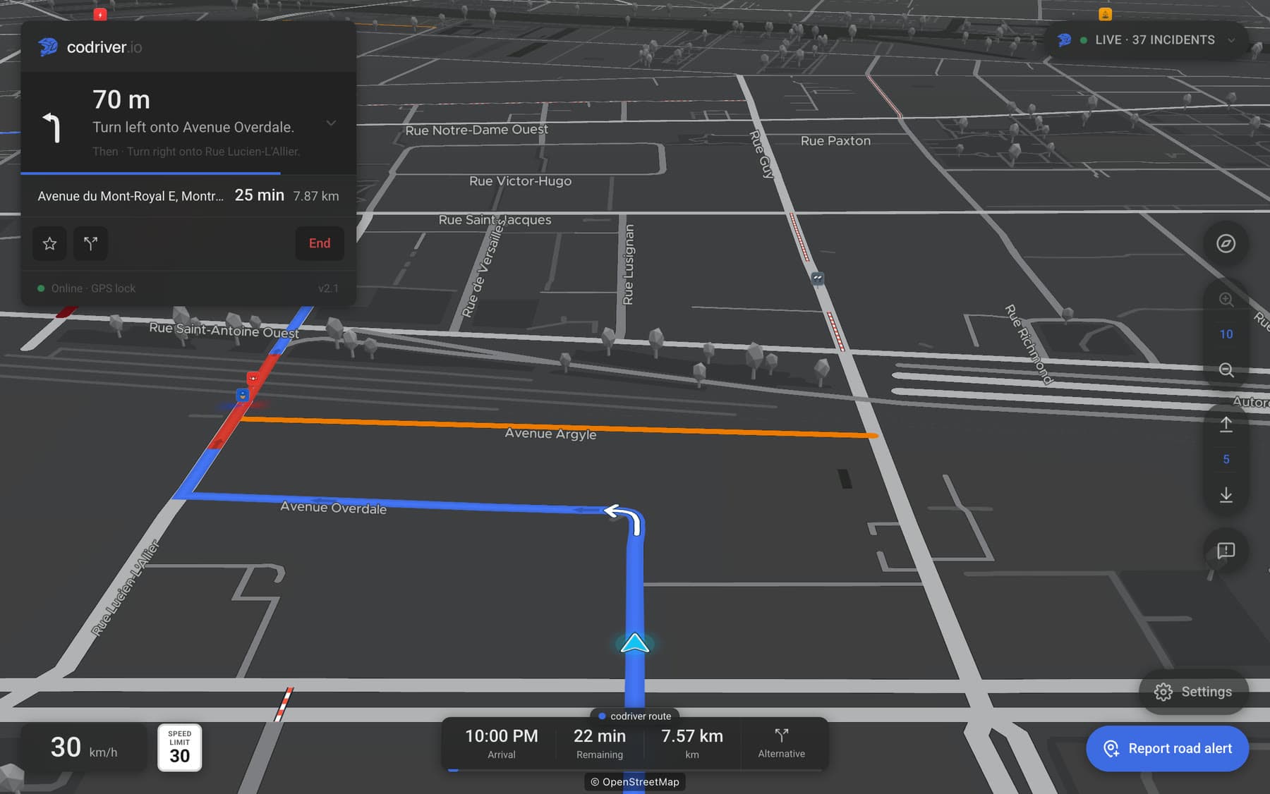 The codriver map in Tilt view on a Tesla screen, mid-route, with the car on its line and the road labels along the streets they name.