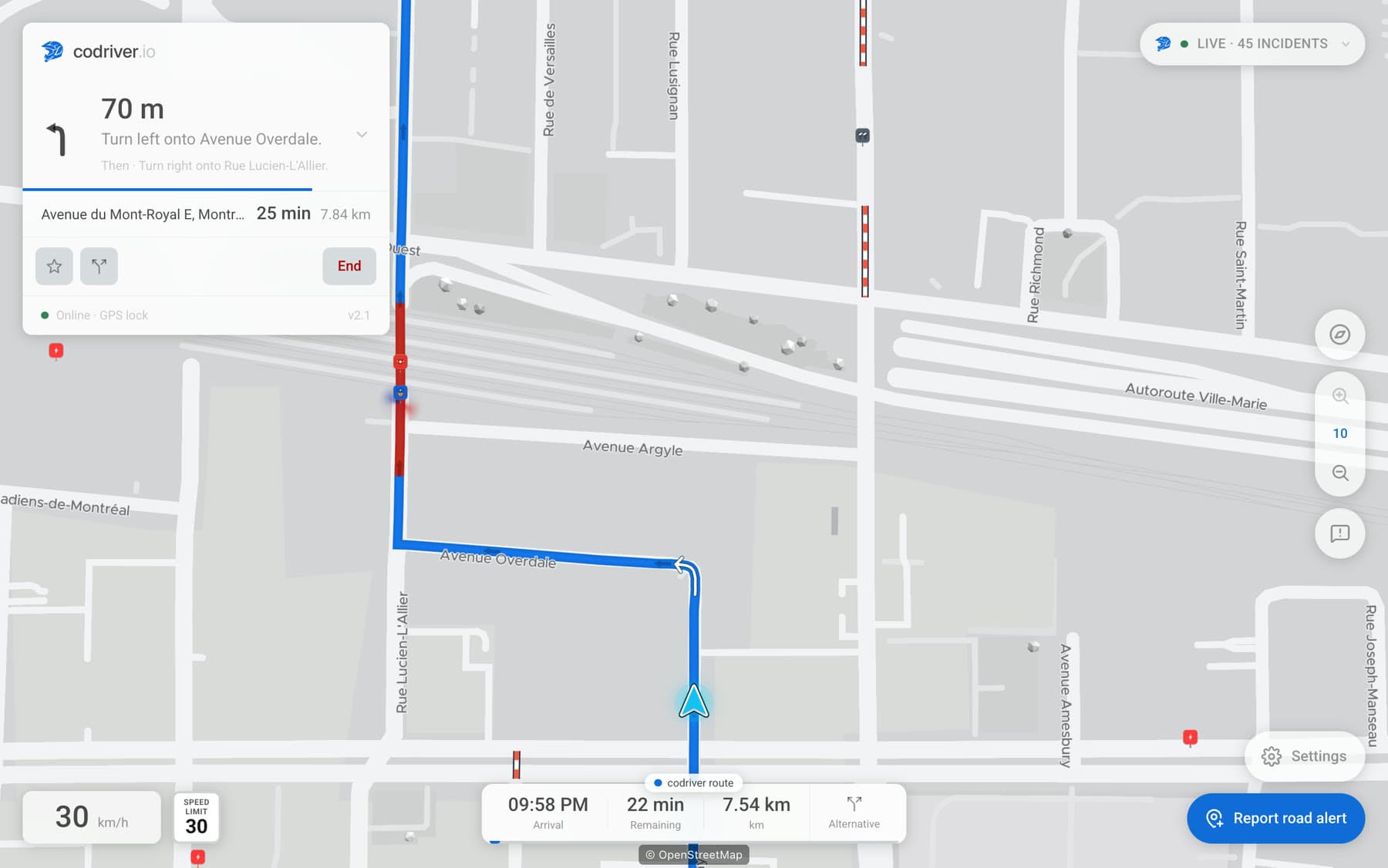 The codriver map in Track view on a Tesla screen, mid-route, with the car on its line and the road labels along the streets they name.