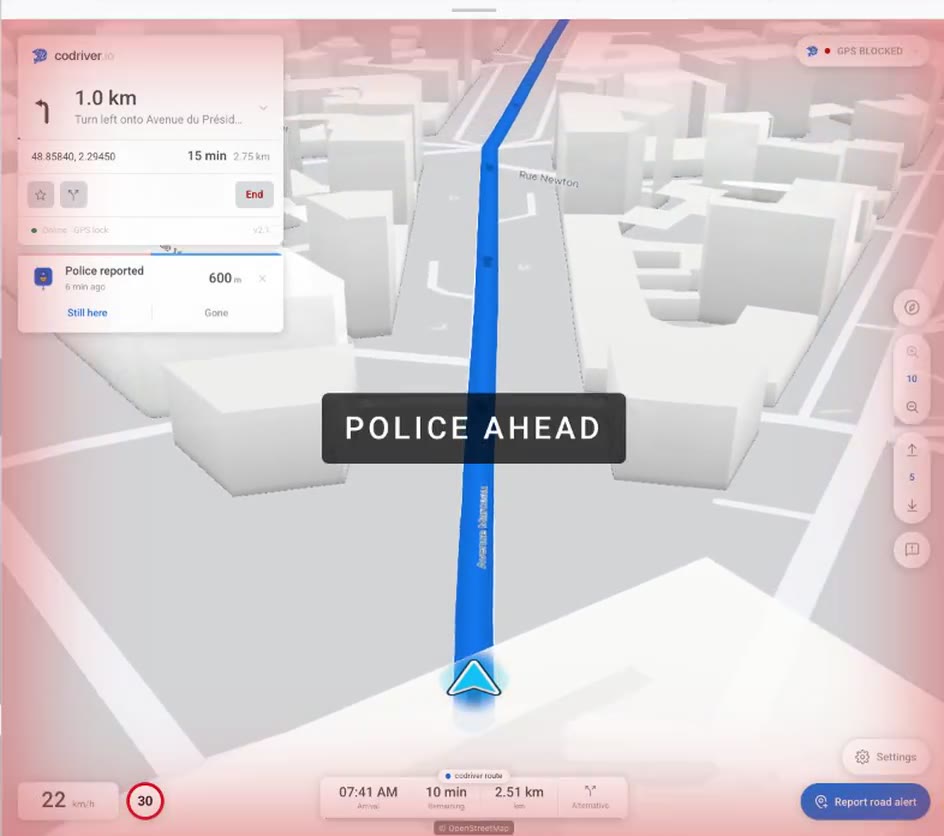 codriver’s 3D Cityscape map guiding a drive through Paris
