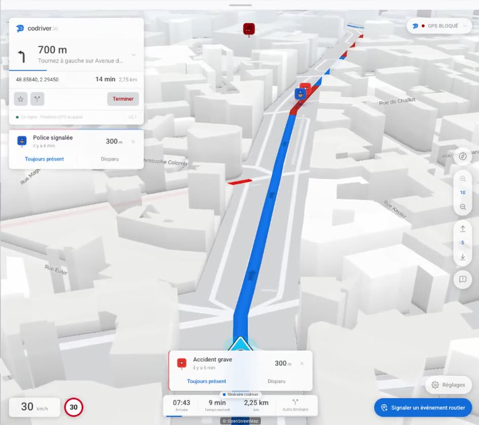 La carte Bâtiments 3D de codriver guide un trajet dans Paris