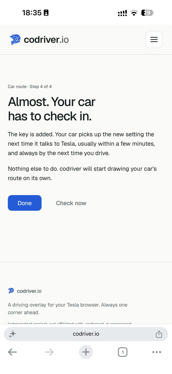 Step 4 of 4, Almost, your car has to check in, with Done and Check now buttons
