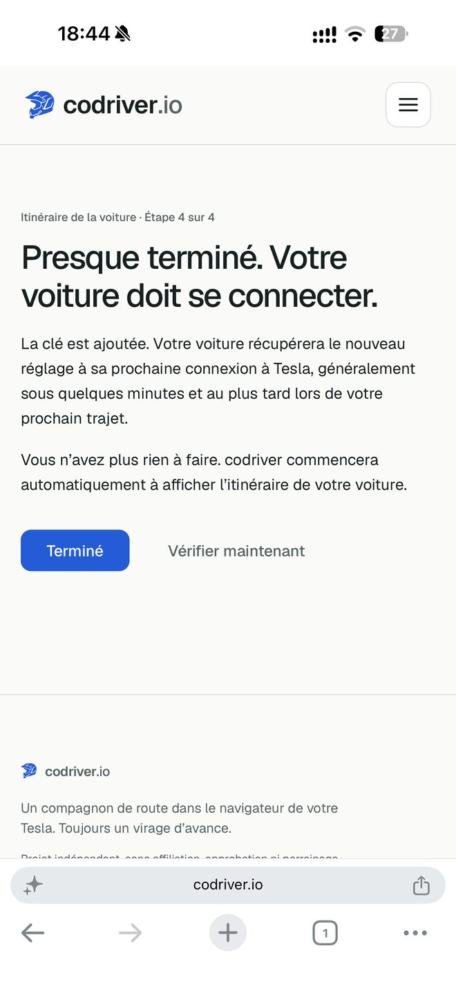 Étape 4 sur 4, Presque terminé, votre voiture doit se connecter, avec les boutons Terminé et Vérifier maintenant