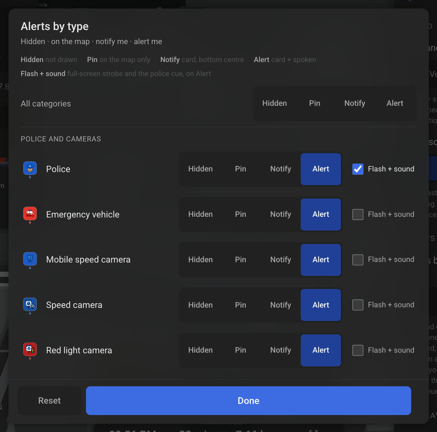 The “Alerts by type” sheet on a Tesla screen: every kind of road event set to Hidden, Pin, Notify or Alert, with a Flash + sound checkbox beside the ones that can strobe.
