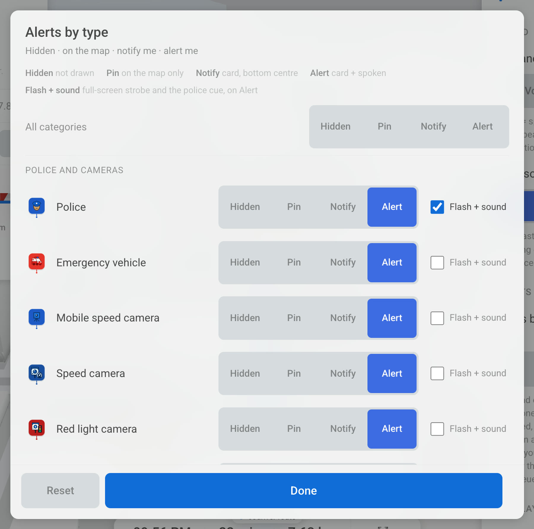 The “Alerts by type” sheet on a Tesla screen: every kind of road event set to Hidden, Pin, Notify or Alert, with a Flash + sound checkbox beside the ones that can strobe.