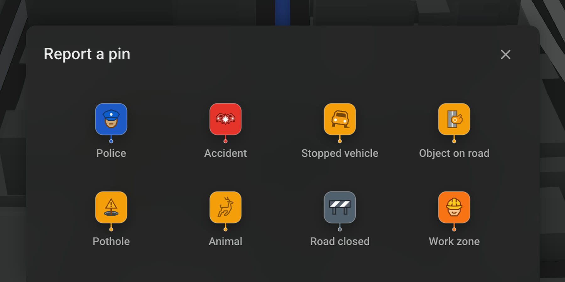 The report sheet open on a Tesla screen, offering eight kinds to report with one tap: Police, Accident, Stopped vehicle, Object on road, Pothole, Animal, Road closed and Work zone.