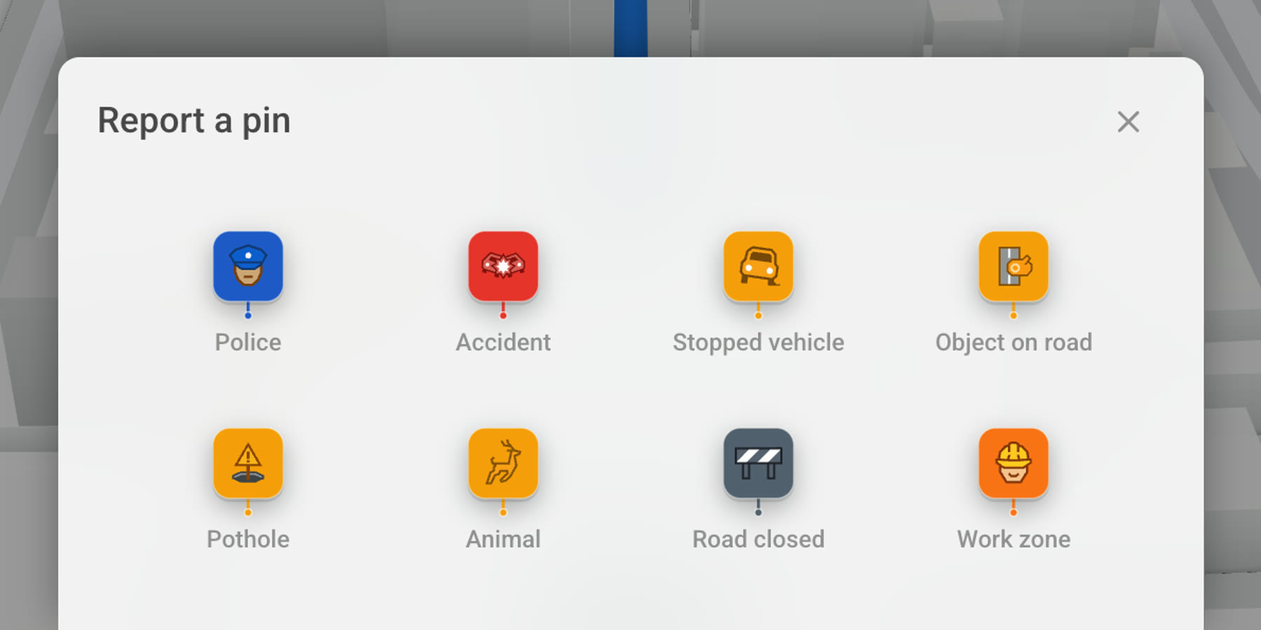 The report sheet open on a Tesla screen, offering eight kinds to report with one tap: Police, Accident, Stopped vehicle, Object on road, Pothole, Animal, Road closed and Work zone.