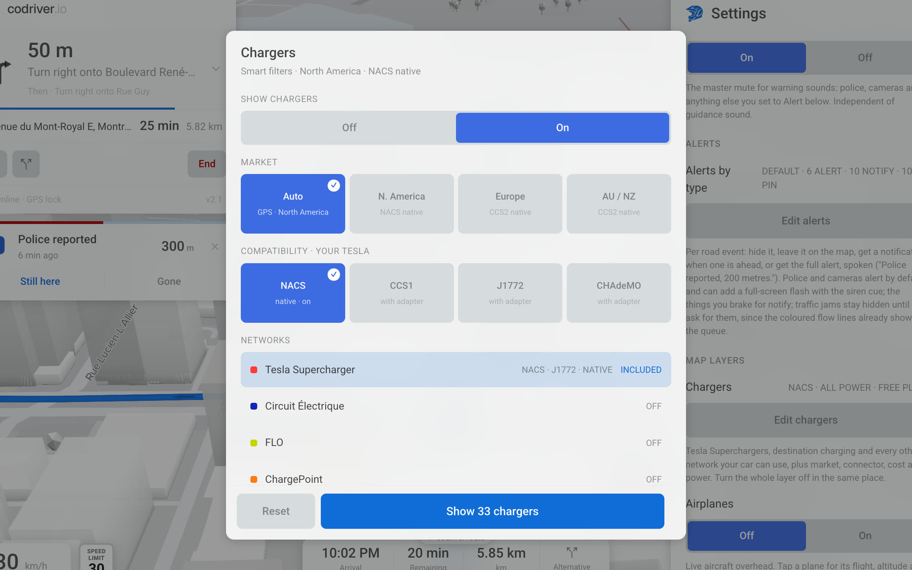 The charger filter sheet on a Tesla screen: connector compatibility, networks, power and cost.