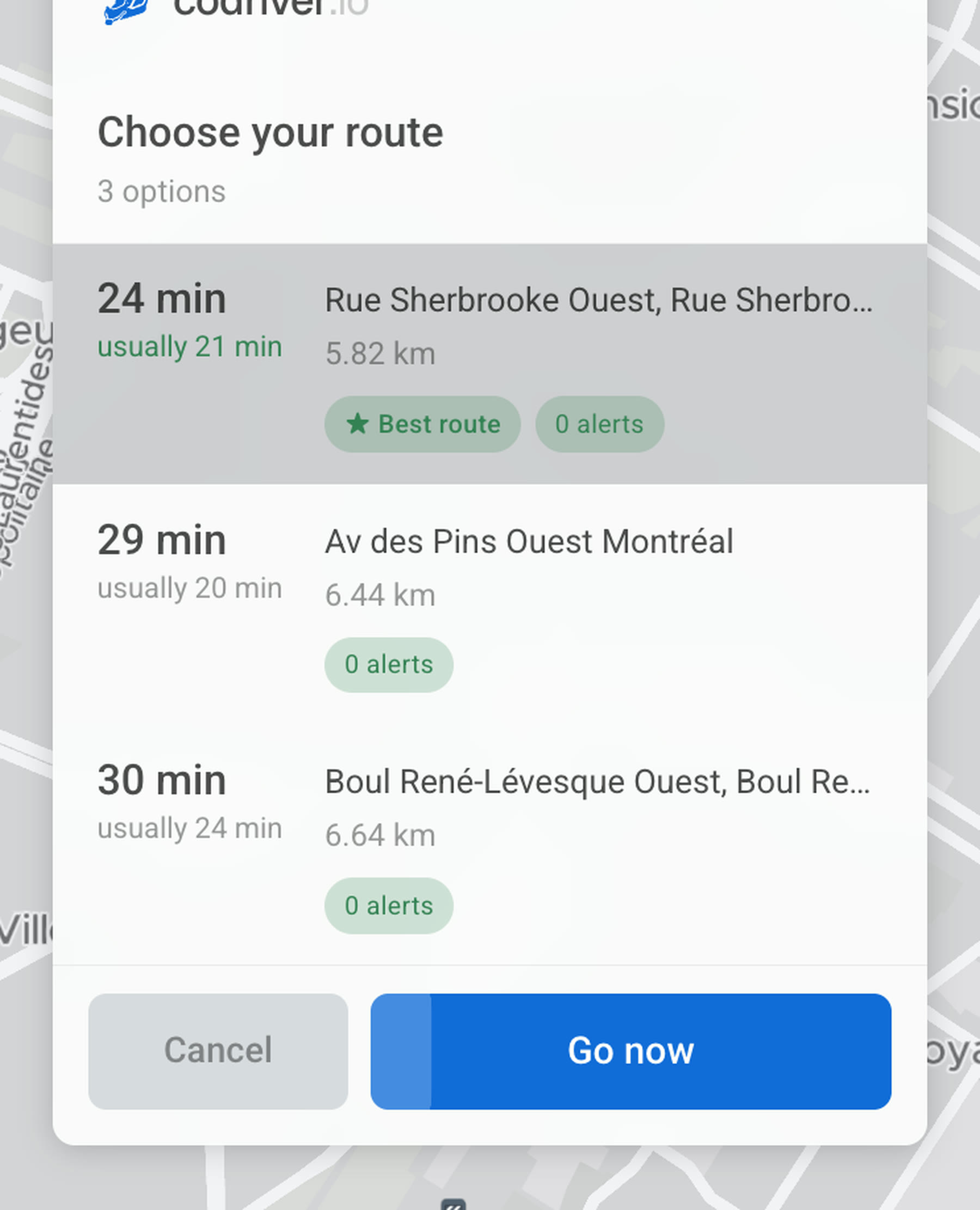 The codriver route picker on a Tesla screen: each alternative with its time, its usual time, its distance and how many alerts are on it, the quickest already selected, and a Go button that counts itself down.