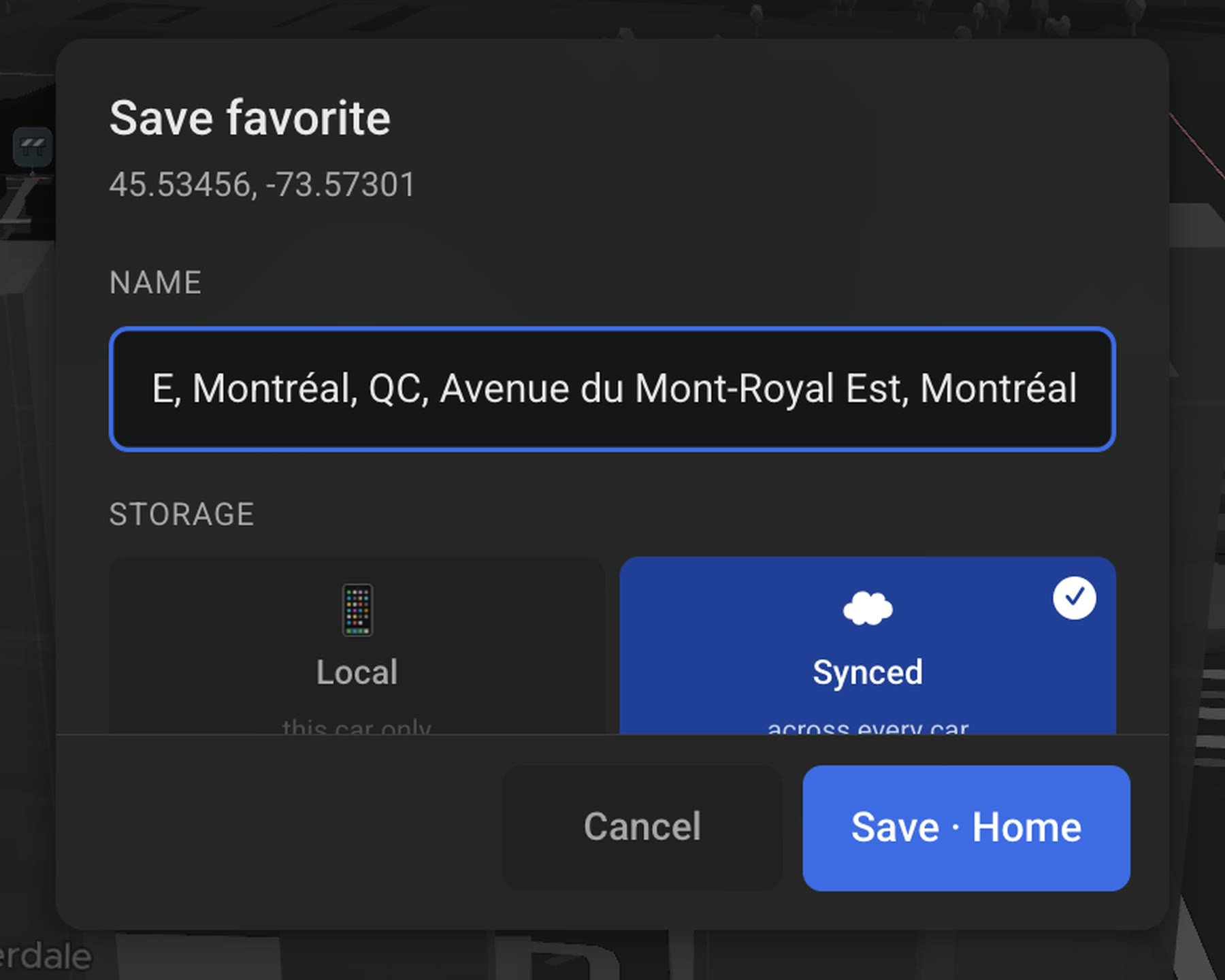 The save-favourite sheet on a Tesla screen: the name already filled in from the address, and a choice between keeping it on this car or syncing it across every car.