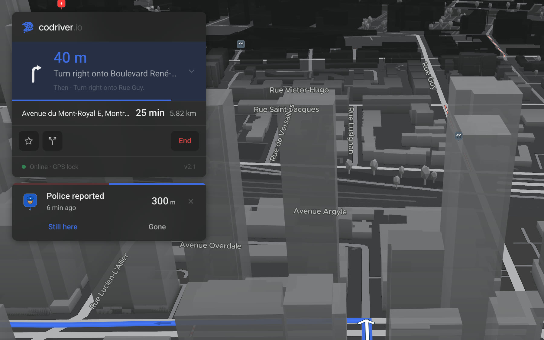 The codriver navigation card on a Tesla screen: the next manoeuvre, its distance counting down, and the one that follows underneath, above the route and the trip strip.