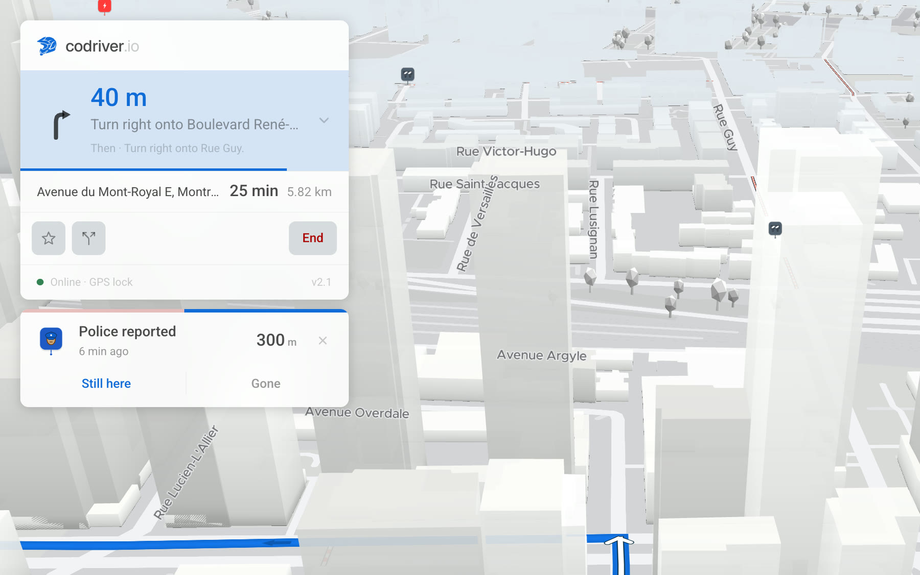 The codriver navigation card on a Tesla screen: the next manoeuvre, its distance counting down, and the one that follows underneath, above the route and the trip strip.