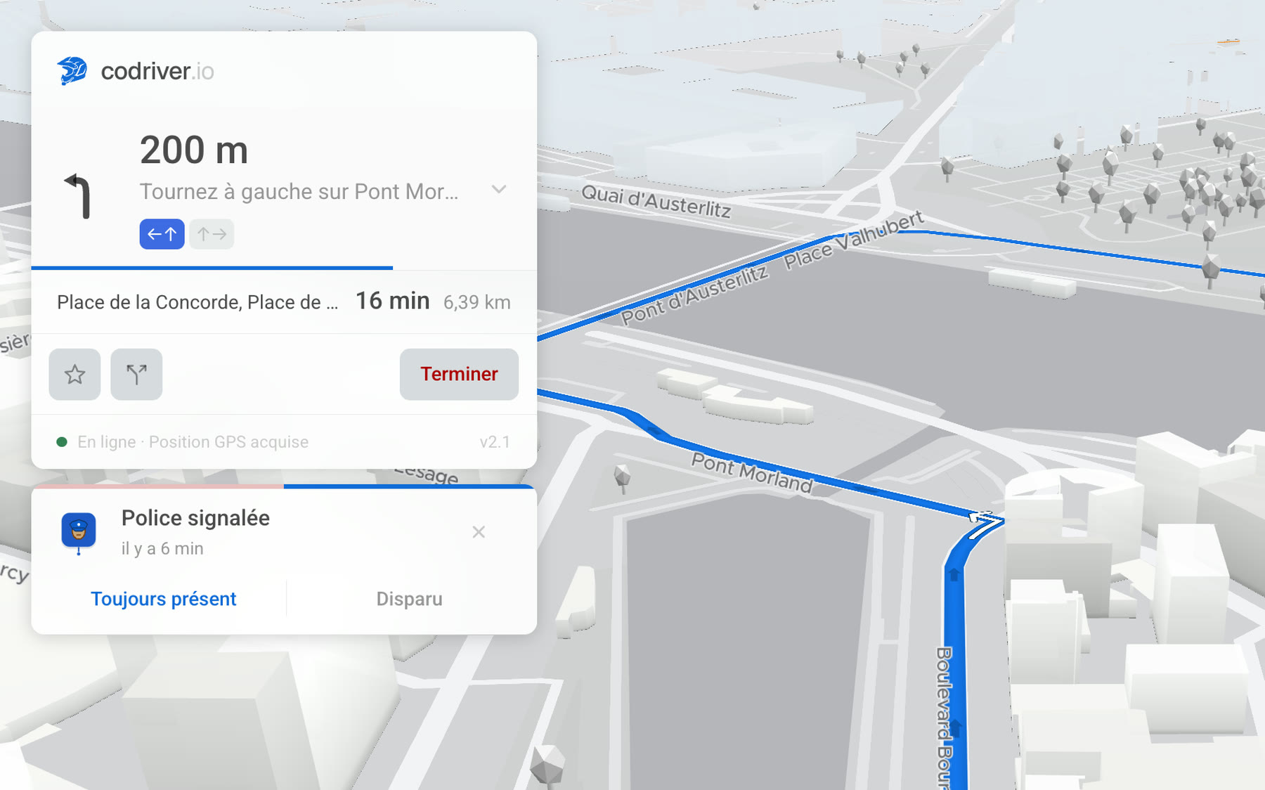 La carte de navigation codriver à l’approche d’un carrefour, avec une bande de voies sous la manœuvre indiquant laquelle emprunter.