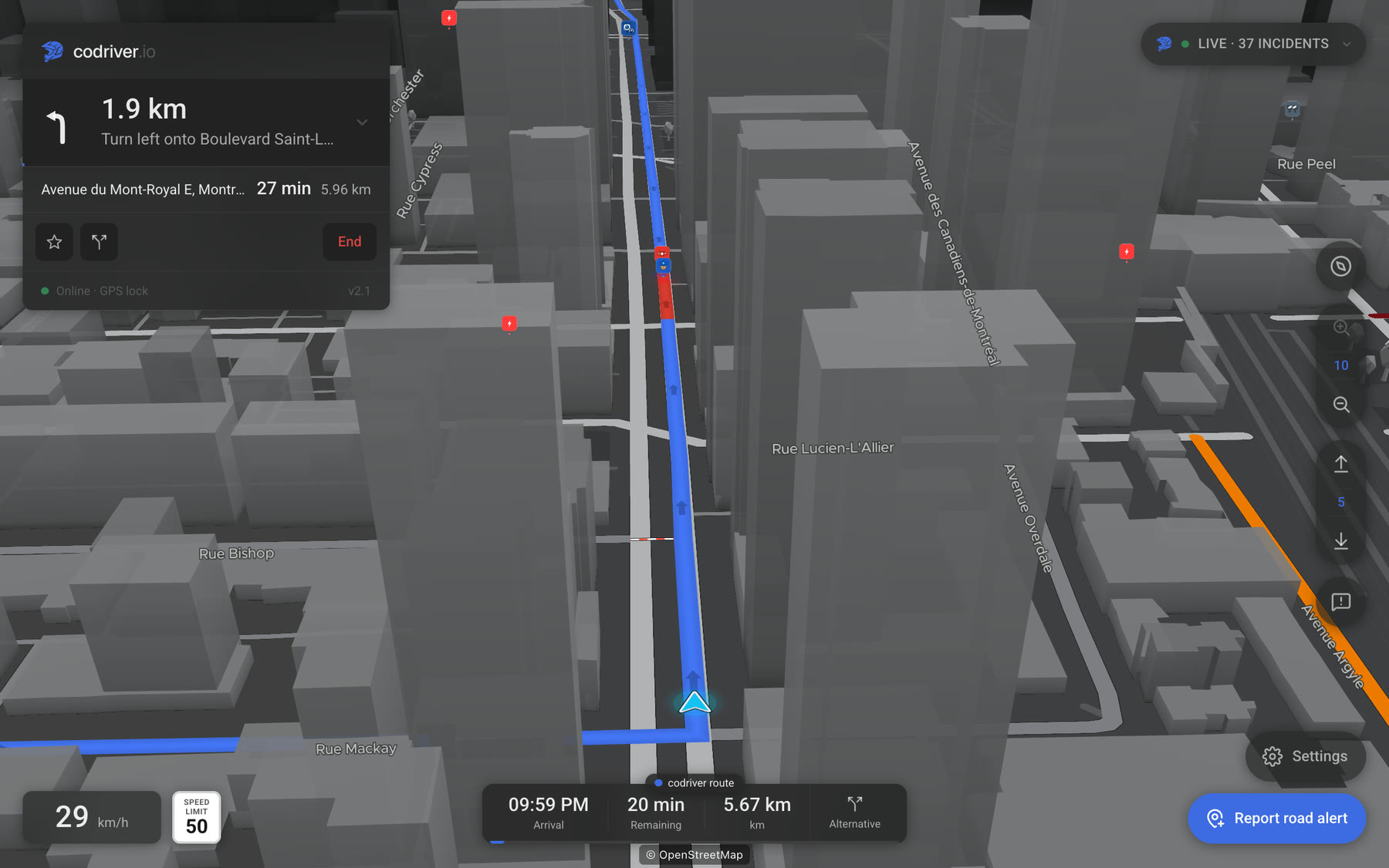 The codriver map in Cityscape view on a Tesla screen, mid-route, with the car on its line and the road labels along the streets they name.