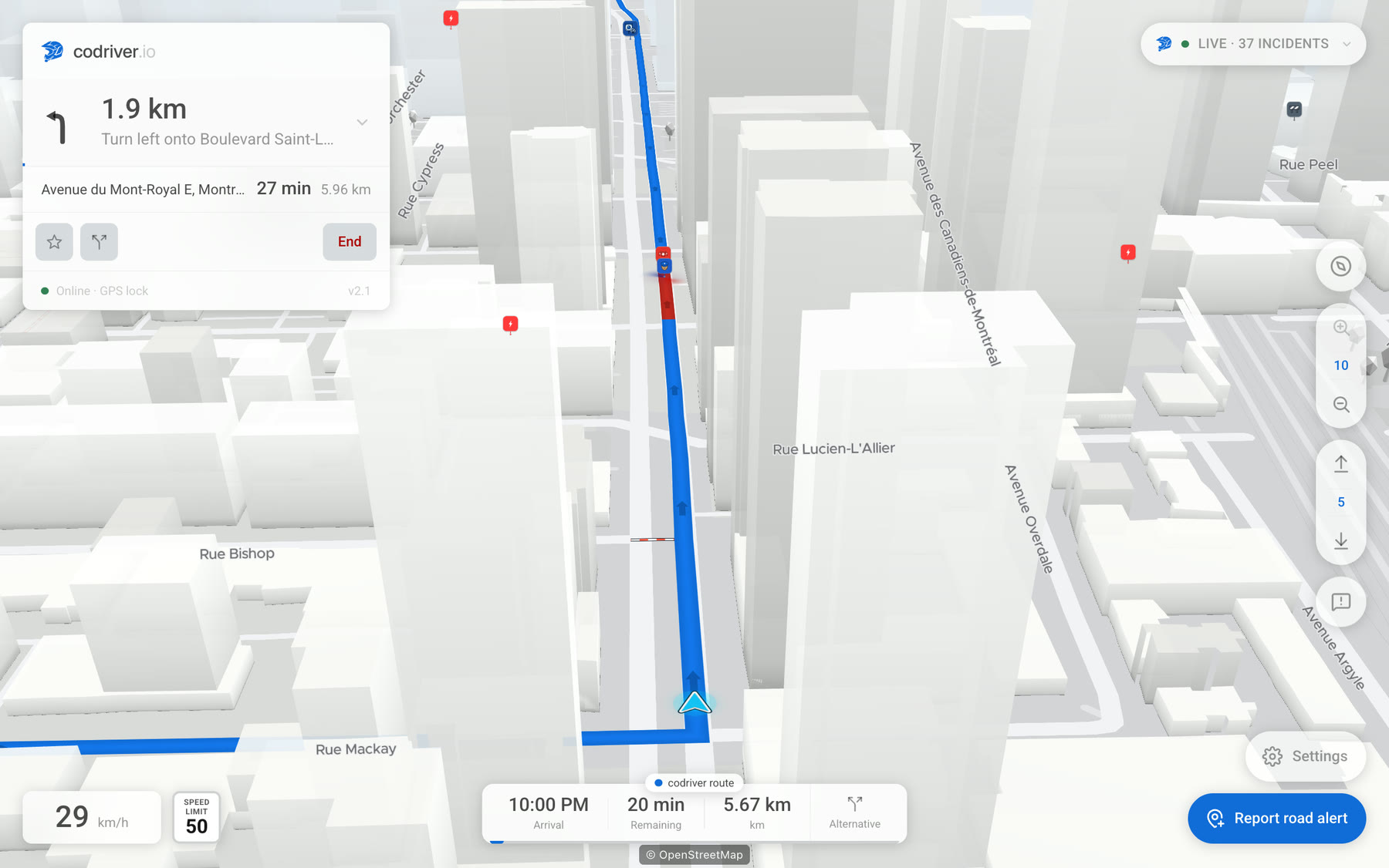 The codriver map in Cityscape view on a Tesla screen, mid-route, with the car on its line and the road labels along the streets they name.