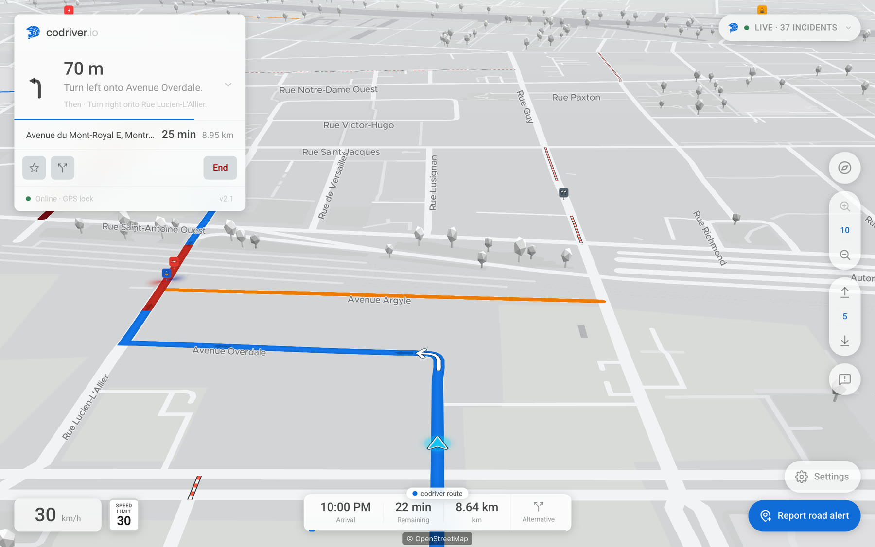 The codriver map in Tilt view on a Tesla screen, mid-route, with the car on its line and the road labels along the streets they name.