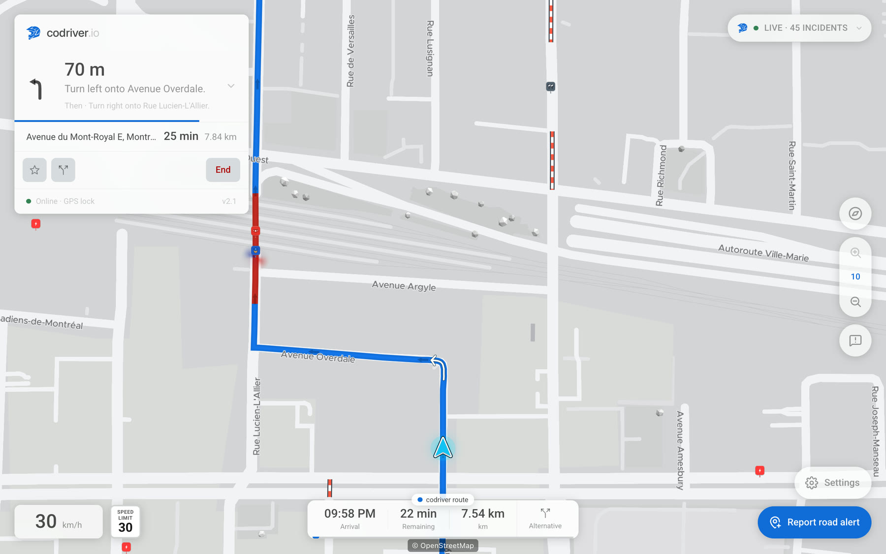 The codriver map in Track view on a Tesla screen, mid-route, with the car on its line and the road labels along the streets they name.